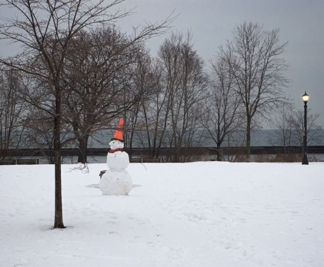 Picture of snowman along lake ontario